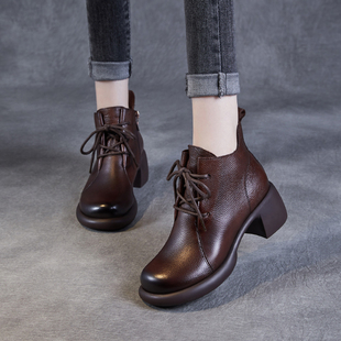 头层牛皮复古马丁靴女2025秋冬季真皮透气粗跟小短靴加绒保暖棉鞋