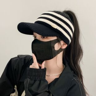 秋季毛线高尔夫帽子女空顶鸭舌帽条纹针织帽韩版显脸小跑步棒球帽