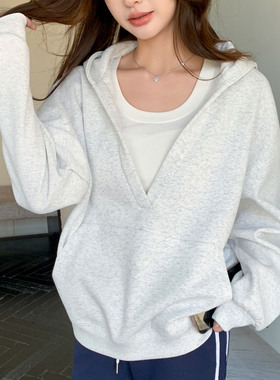 K1206严选V领连帽卫衣外套女春秋冬宽松显瘦带口袋休闲慵懒风上衣