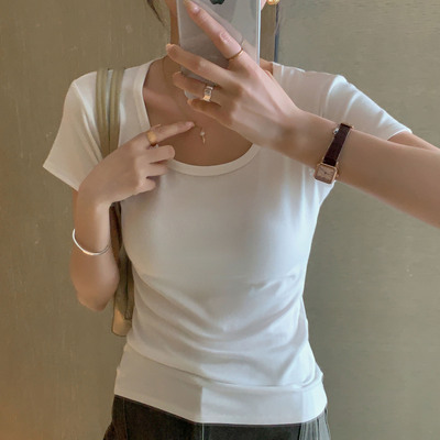 K3328纯色正肩U领T恤女夏季新款辣妹修身显瘦打底衫内搭短袖上衣