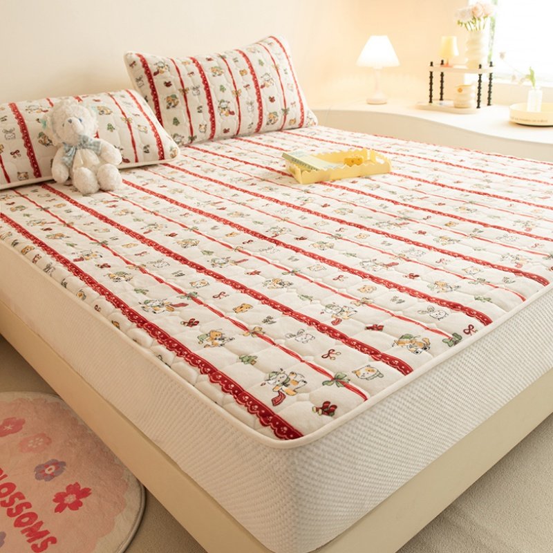 条纹猫咪加厚床笠单件米白红色冬季夹棉A类牛奶绒床垫保护罩单人