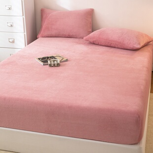 豆沙红色冬季加厚牛奶绒床笠单件西瓜红色法兰绒保暖床垫罩单双人