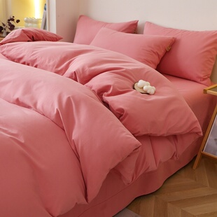 玉红色全棉床品四件套秋冬纯棉磨毛床单床笠款套件西瓜红桃红纯色