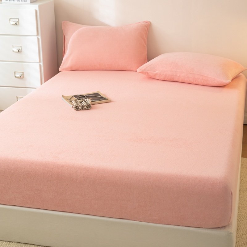粉色床笠单件冬季加厚牛奶绒床套罩胭脂粉玉粉色法兰绒保暖床垫罩
