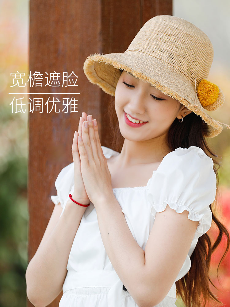 春夏季黑色大檐拉菲草帽女时尚渔夫帽韩版潮防晒帽遮阳帽草编帽子