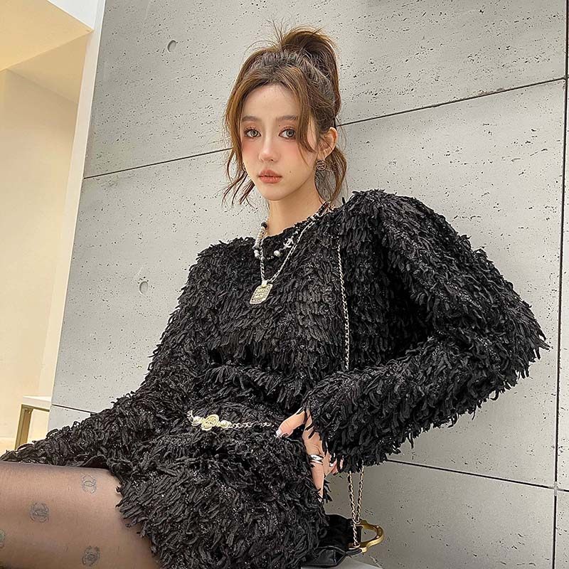 forevercan 秋季新款 设计感黑色长袖流苏上衣女+半身裙套装,女装/女士精品,时尚套装,淘宝优惠券,粉丝福利购,淘宝优惠卷