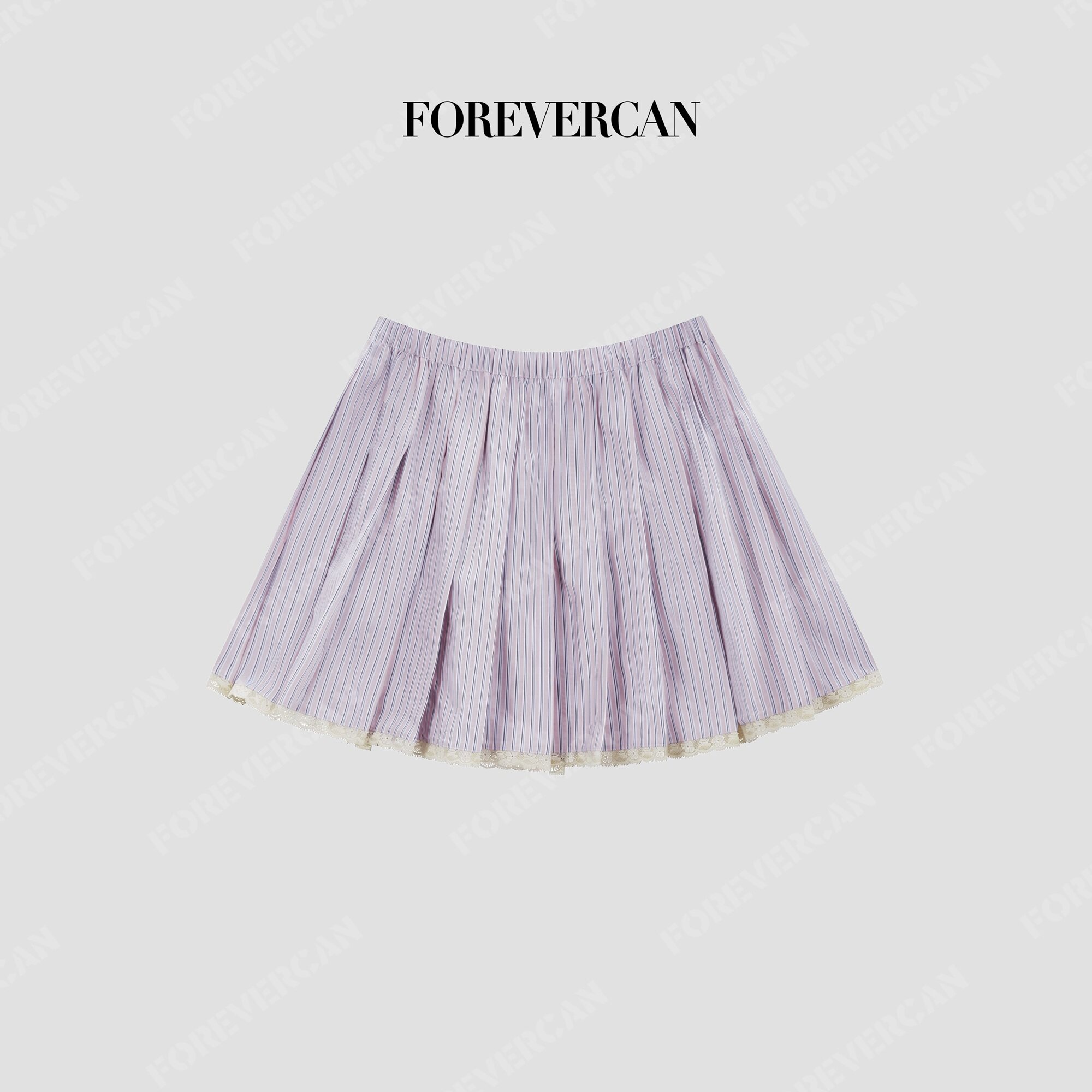 Forevercan女装“心动痕迹”学院风撞色条纹蕾丝花边百褶裙