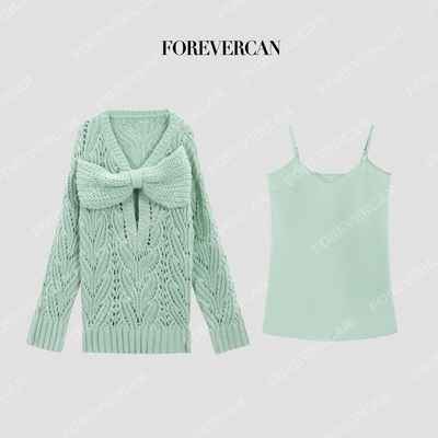 CAN冬季新款蝴蝶结镂空毛衣裙