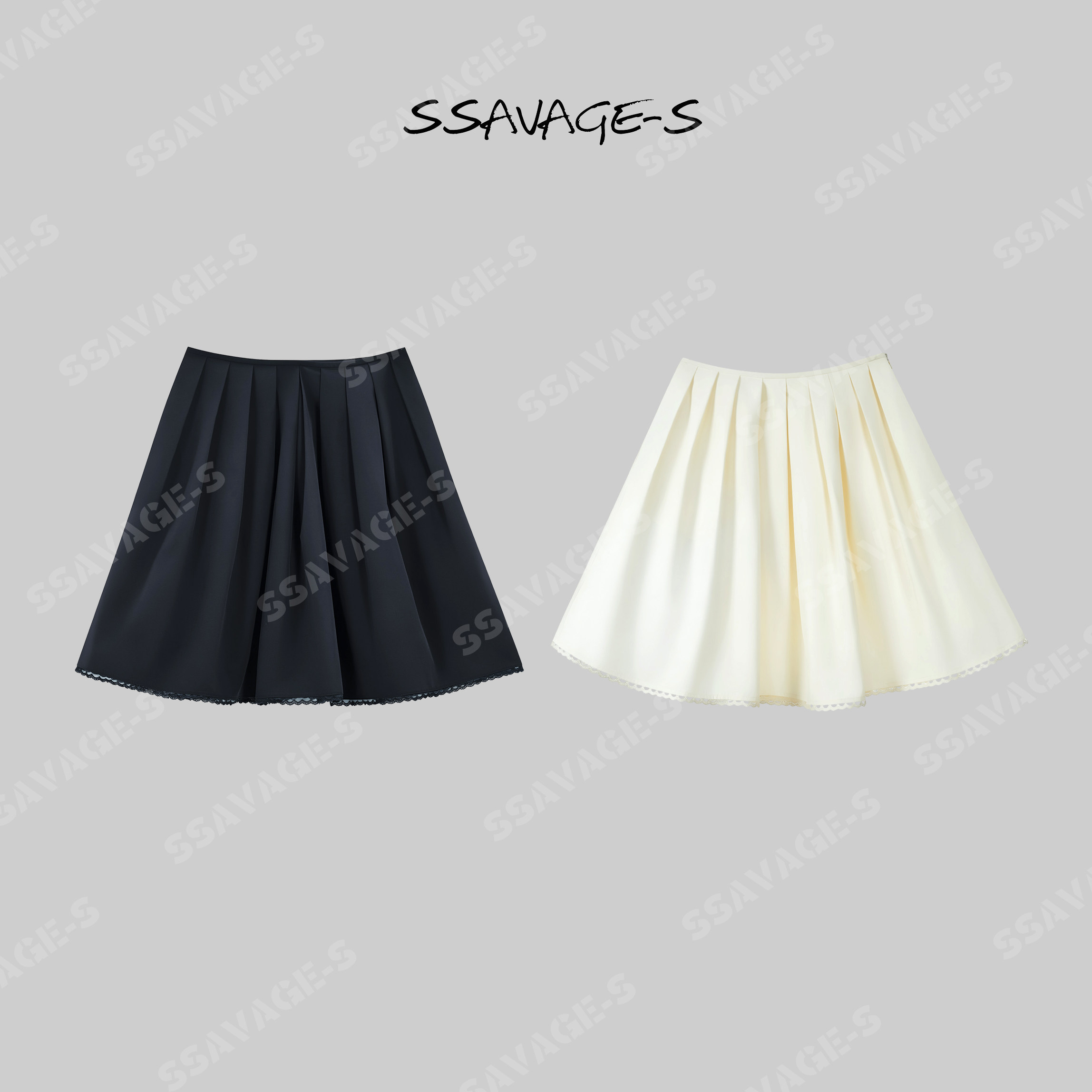 SSAVAGE女装2026新款黑褶蕾丝序黑色百褶蕾丝边A字半身裙