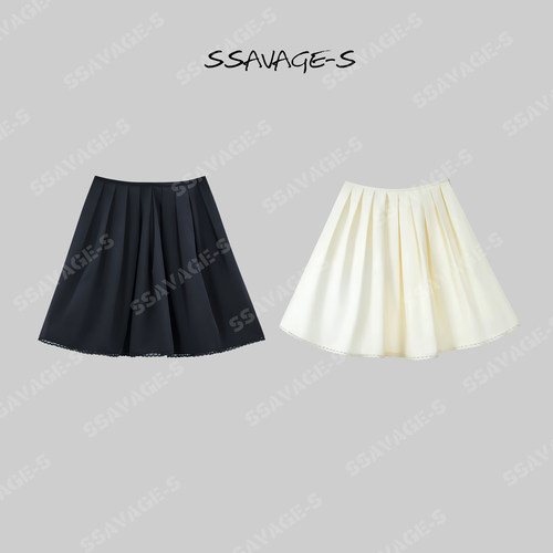 SSAVAGE女装黑色蕾丝边A字半身裙