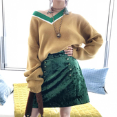 CAN秋季 新款 小清新V领百搭宽松套头甜美气质黄色毛衣上衣女