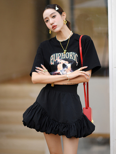 CAN夏季 抽褶泡泡裙高腰显瘦黑色半身裙短裙女小众设计感 新款