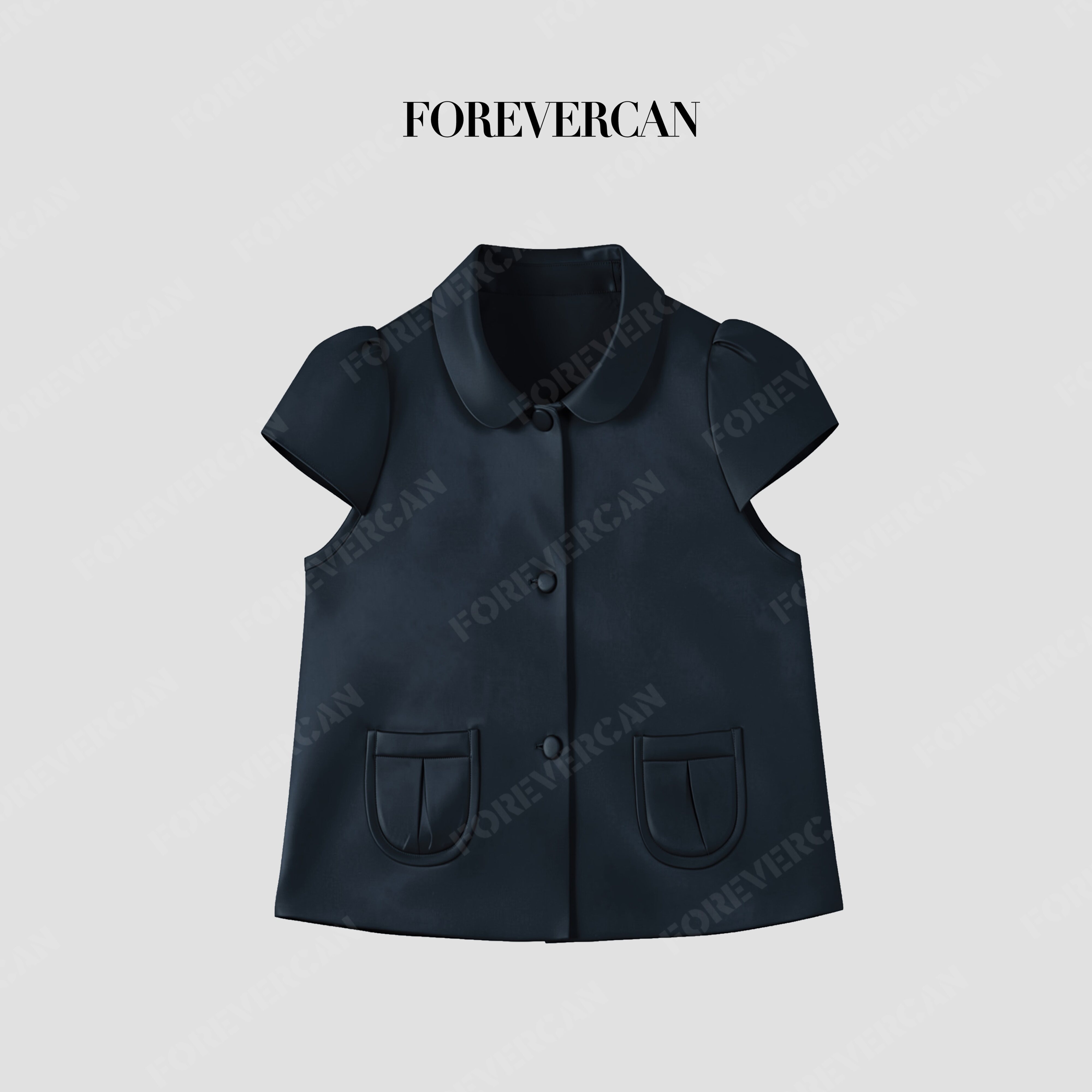 Forevercan女装“黑口袋”醋酸单排扣口袋短袖小开衫