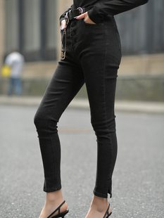 显瘦开叉小脚铅笔长裤 CAN秋季 女修身 黑色直筒牛仔裤 百搭 新款