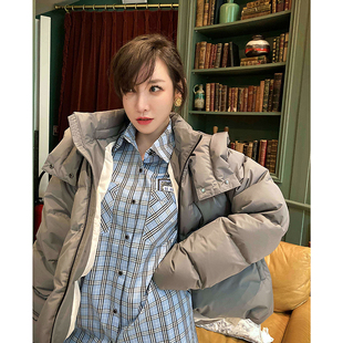 百搭长款 CAN冬季 女休闲时尚 潮流简约格纹衬衫 蓝色上衣 新款