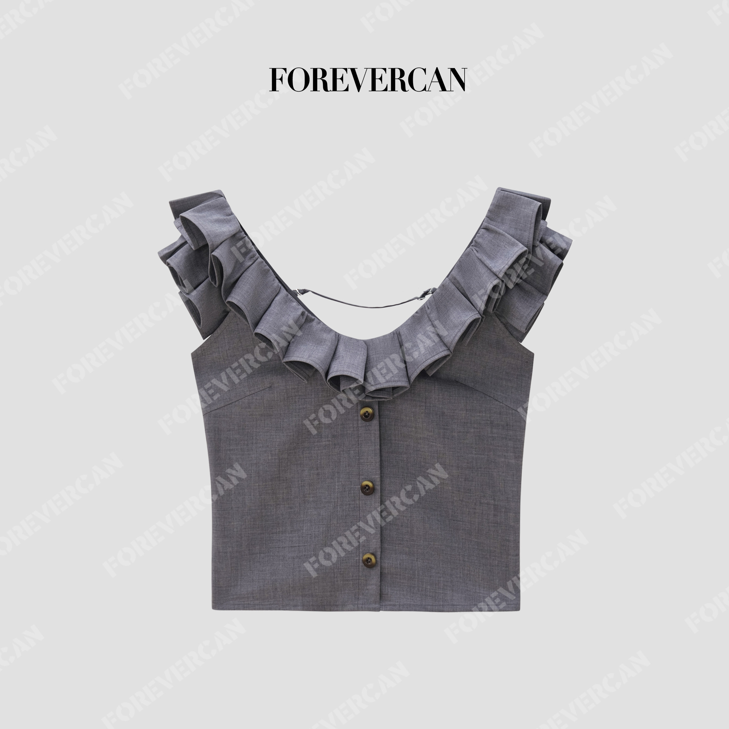 Forevercan女装“岩雾柔澜”杂灰肌理大翻折花边通勤无袖上衣