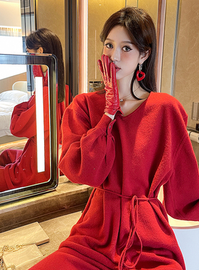 FOREVERCAN2024秋冬新款红色高奢羊绒羊毛针织毛衣阔腿裤休闲套装