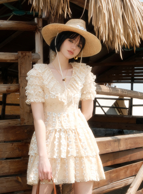 Forevercan女装2024夏季新款高奢蕾丝连衣裙气质名媛风高级感裙子