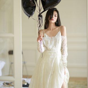 Forevercan杏色蕾丝吊带连衣裙两件套女夏季高级感名媛晚会礼服裙