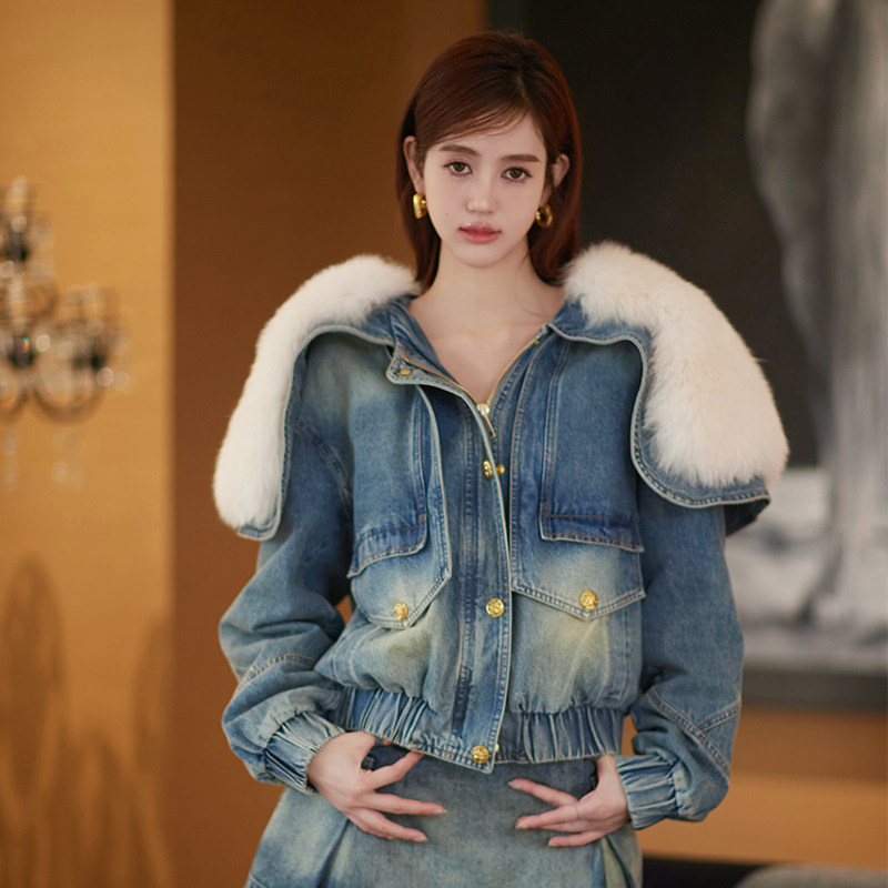 Forevercan女装2023秋冬新款高级感时髦可拆卸狐狸毛羽绒牛仔外套