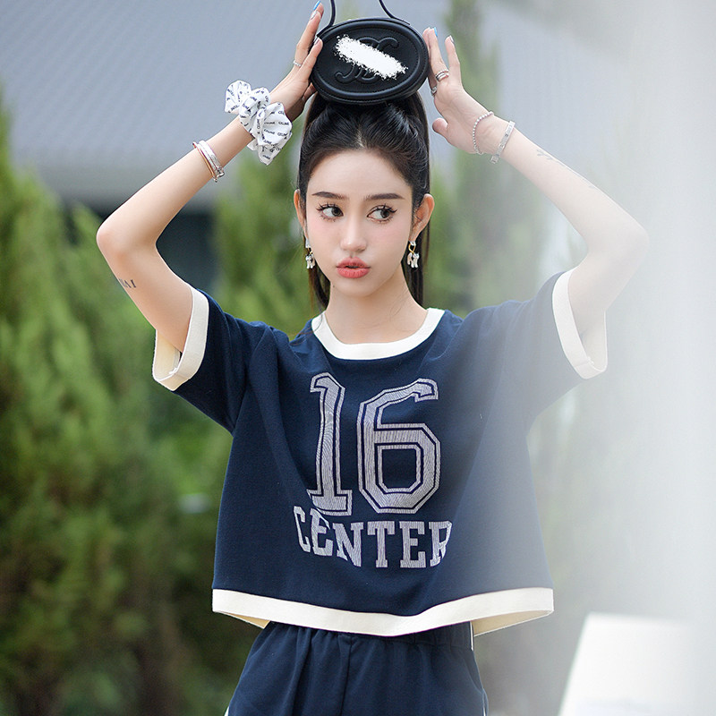 forevercan蓝色字母运动套装女夏休闲圆领短袖T恤上衣短裤两件套