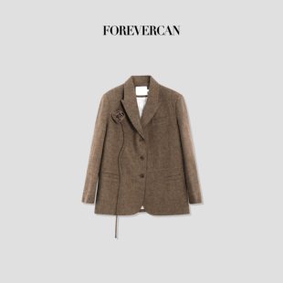 Forevercan女装 乌木玫瑰 立体手工玫瑰复古西装 外套 秋冬新款