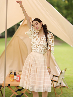 蓬蓬百褶裙 高定设计感网纱半身裙女高腰中长款 CAN夏季 新款