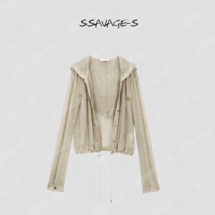 SSAVAGE女装2026新款鎏金沙丘微透镂空感连帽开衫外套上衣