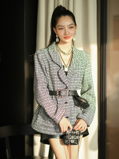 格子西装 英伦风长款 外套女小个子休闲小众西服 新款 CAN秋季