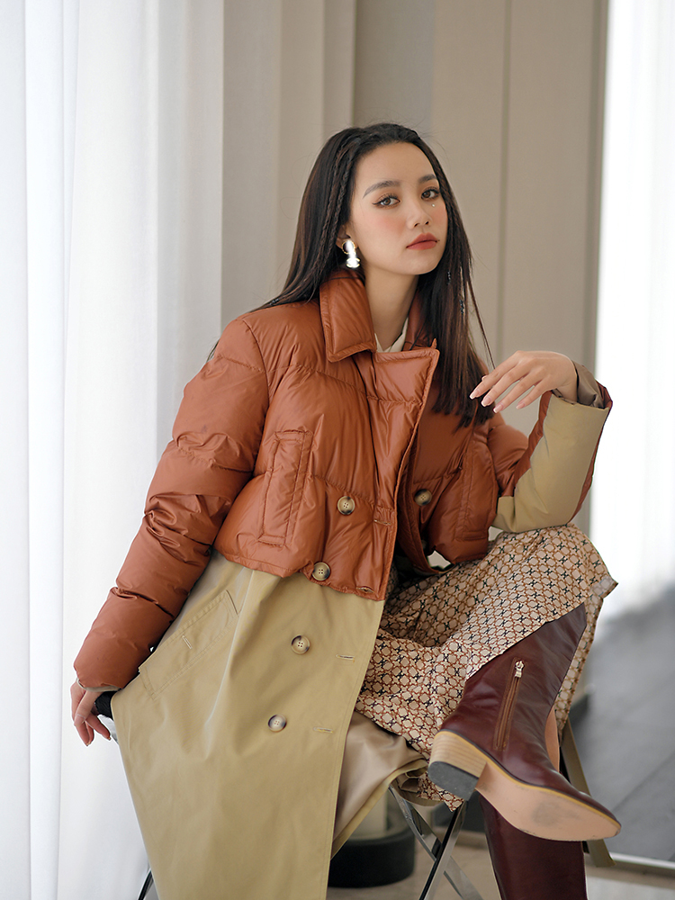 CAN冬季新款 假两件羽绒服外套女拼接中长款风衣炸街欧美风