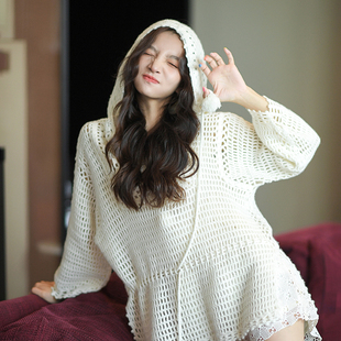 小众上衣长款 CAN秋季 法式 慵懒风宽松连帽针织衫 镂空毛衣 新款