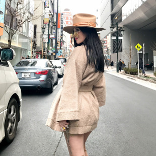 forevercan春季新款 复古气质日系风和服百搭显瘦V领长袖短外套女