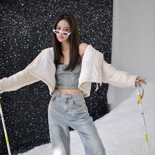 Forevercan2022冬羽绒服伴侣进口酵素水洗磨白牛仔鱼骨抹胸阔腿裤