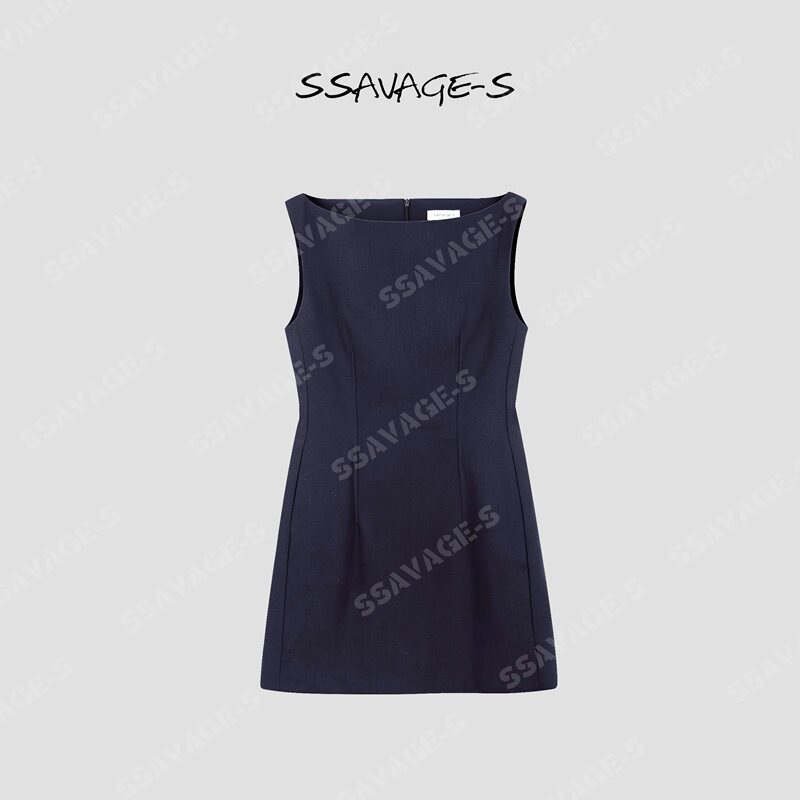 SSAVAGE女装2026新款卡罗琳立裁一字领川字鱼骨线牛仔连衣裙