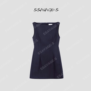 SSAVAGE女装2026新款卡罗琳立裁一字领川字鱼骨线牛仔连衣裙