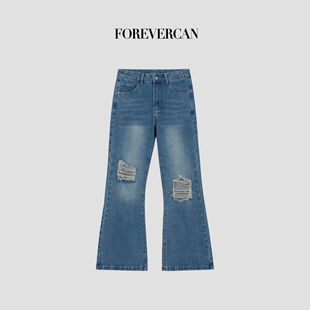Forevercan女装2025新款“新浪潮”复古做旧破洞百搭微喇叭牛仔裤