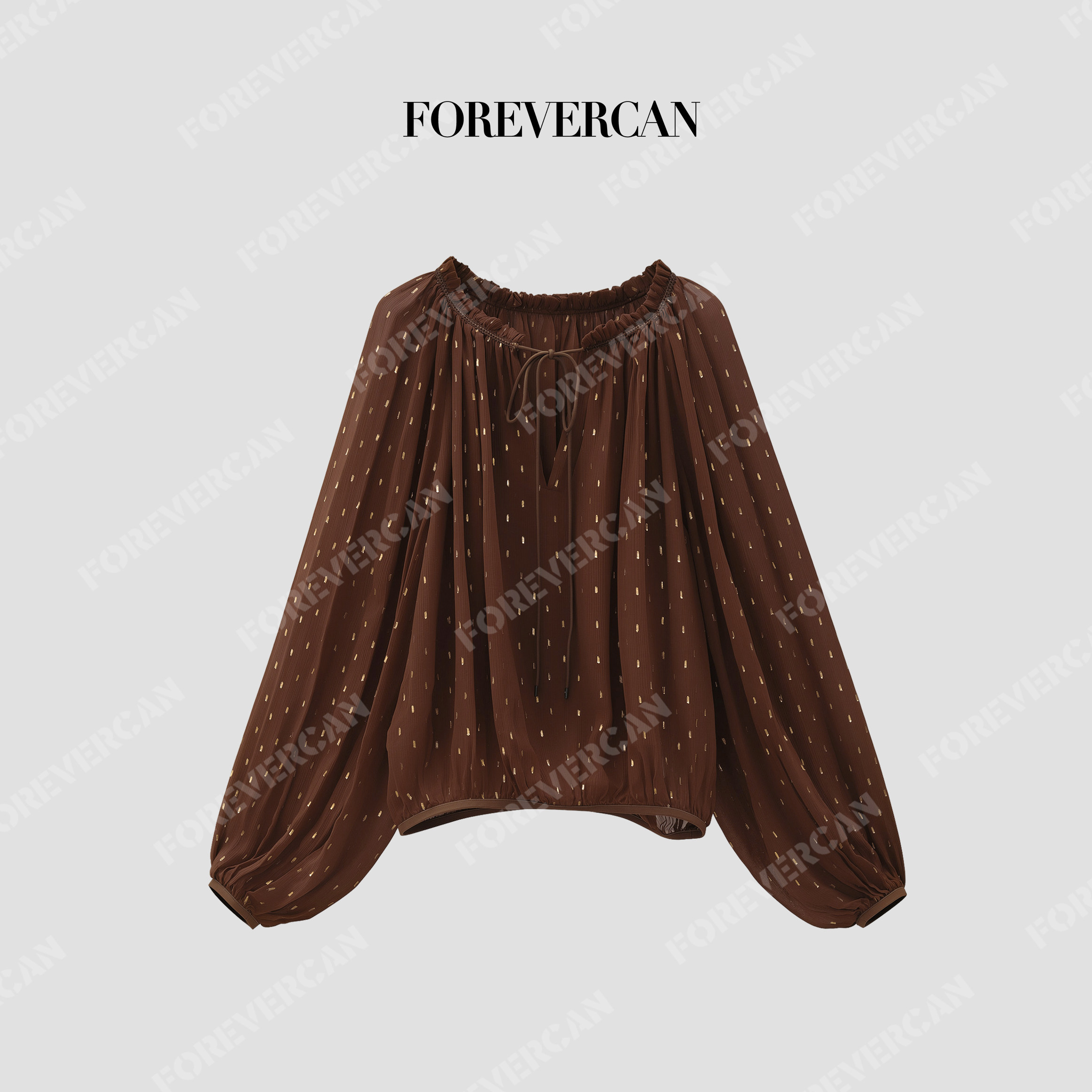 Forevercan女装“可可星点”奶咖碎点褶皱透视宽松长袖小衫