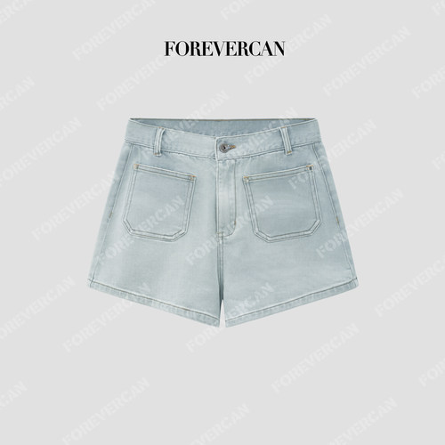 Forevercan女装”盐湖短裤“百搭高腰遮胯浅色牛仔短款下装