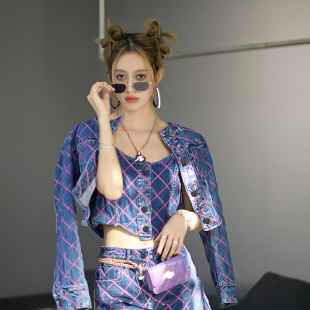 气质套装 Forevercan小众设计感菱格牛仔外套吊带短裤 三件套女时尚