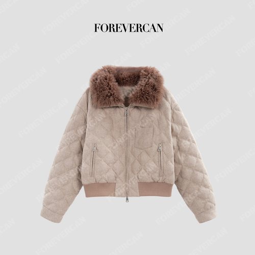 CAN冬季新款羊绒毛领毛呢羽绒服