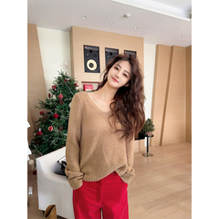 Forevercan女装新款“秋意浓”慵懒风V领套头美丽诺羊毛针织毛衣