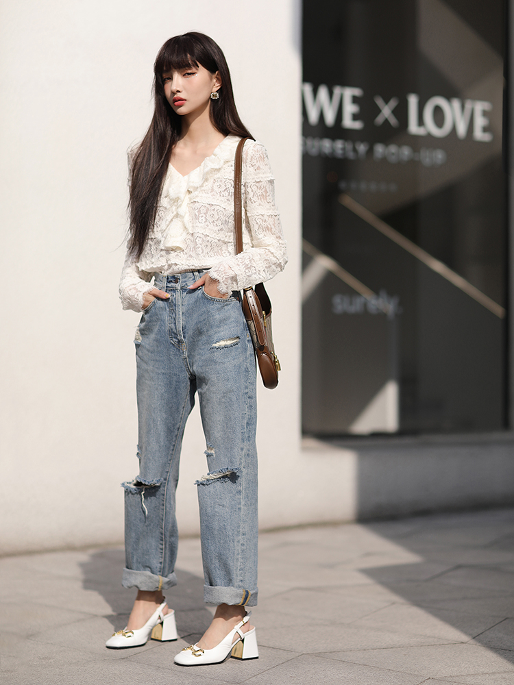 can2021夏季新款蓝色直筒阔腿裤