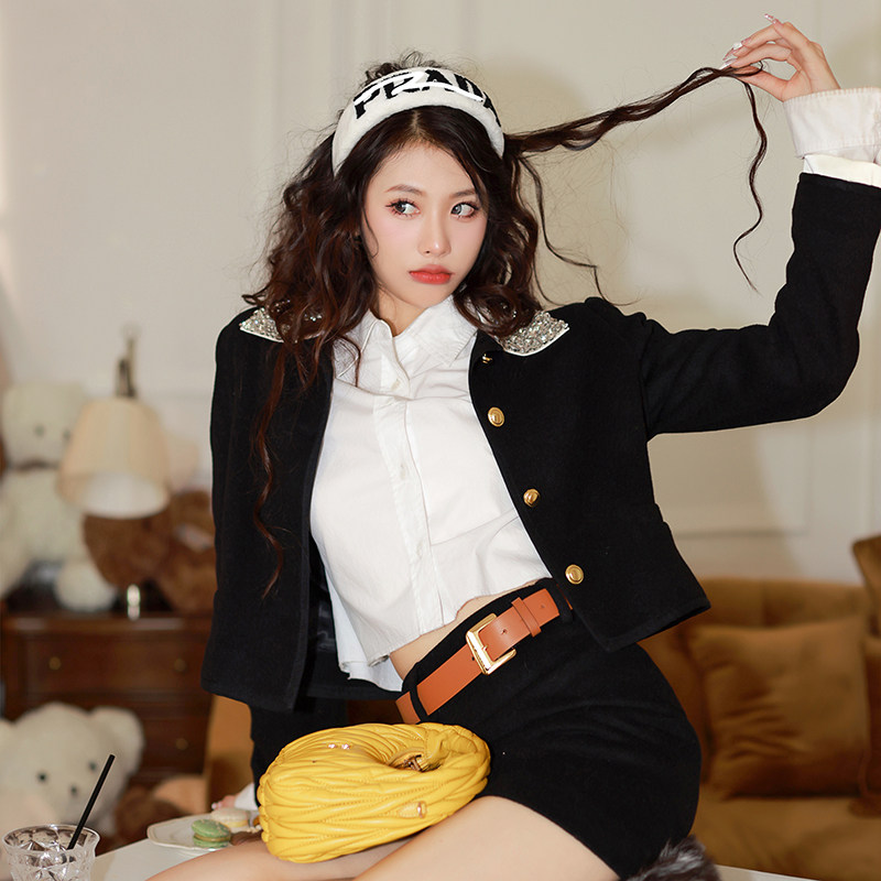 Forevercan秋季新款进口羊毛呢手工订钻黑色外套半身裙名媛套装女,女装/女士精品,时尚套装,淘宝优惠券,粉丝福利购,淘宝优惠卷