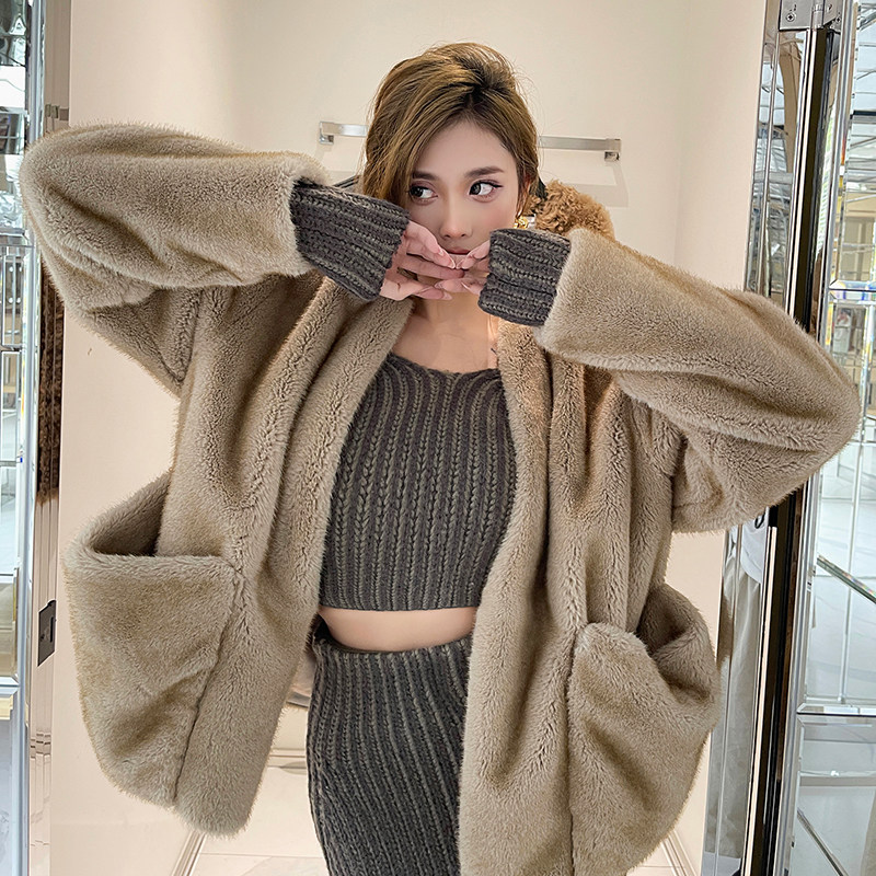 Forevercan2024秋冬 进口整皮环保原貂色大口袋皮草时髦长袖外套