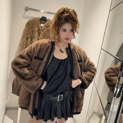 CAN秋冬新款咖啡色皮草外套