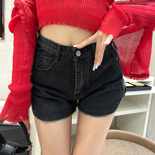 热裤 设计感拉链别致短款 女夏2022新款 CAN黑色复古水洗高腰牛仔裤