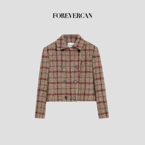 Forevercan女装“孚日广场”美丽诺羊毛呢复古格纹短款外套