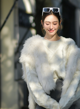 Forevercan2024秋冬新款OOTD特调奶白alpaca羊驼毛绞花羊毛毛衣女