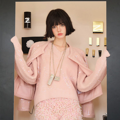 CAN新款春季幻彩亮片开衫外套女