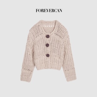Forevercan女装2025新款埃克塞特美丽诺羊毛手工感粗棒针针织外套